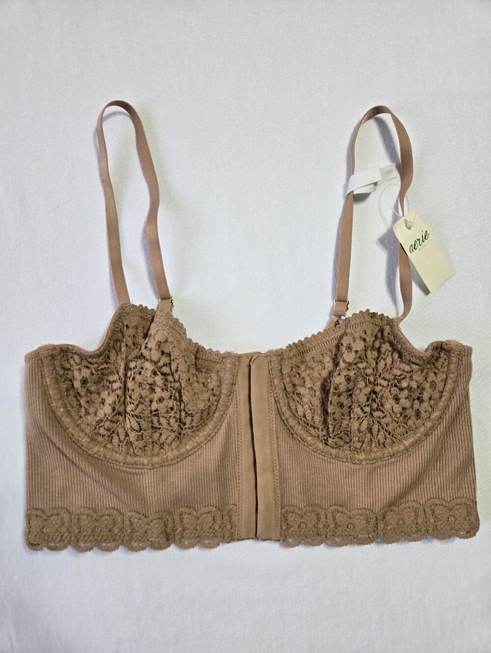 NWT Aerie Balconette Corset Bra Tan Lace Hook Closure Cotton Adjustable 32C